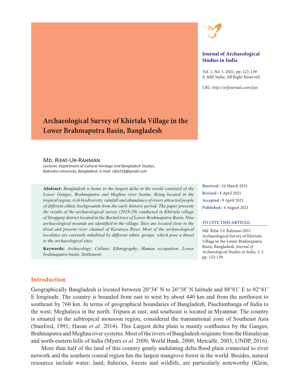 Archaeological Survey of Khirtala Village in the Lower Brahmaputra Basin, Bangladesh