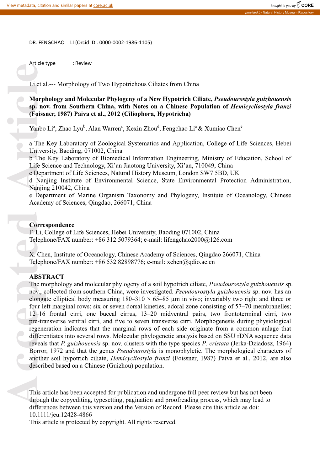 Morphology and Molecular Phylogeny of a New Hypotrich Ciliate, Pseudourostyla Guizhouensis Sp. Nov. from Southern China, with No