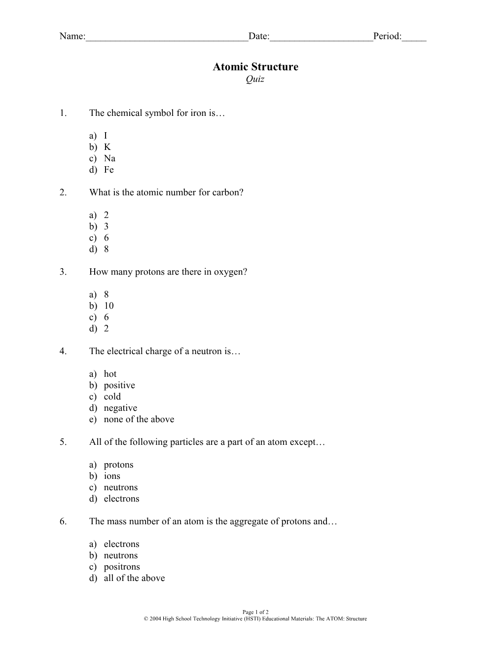 Atomic Structure Quiz