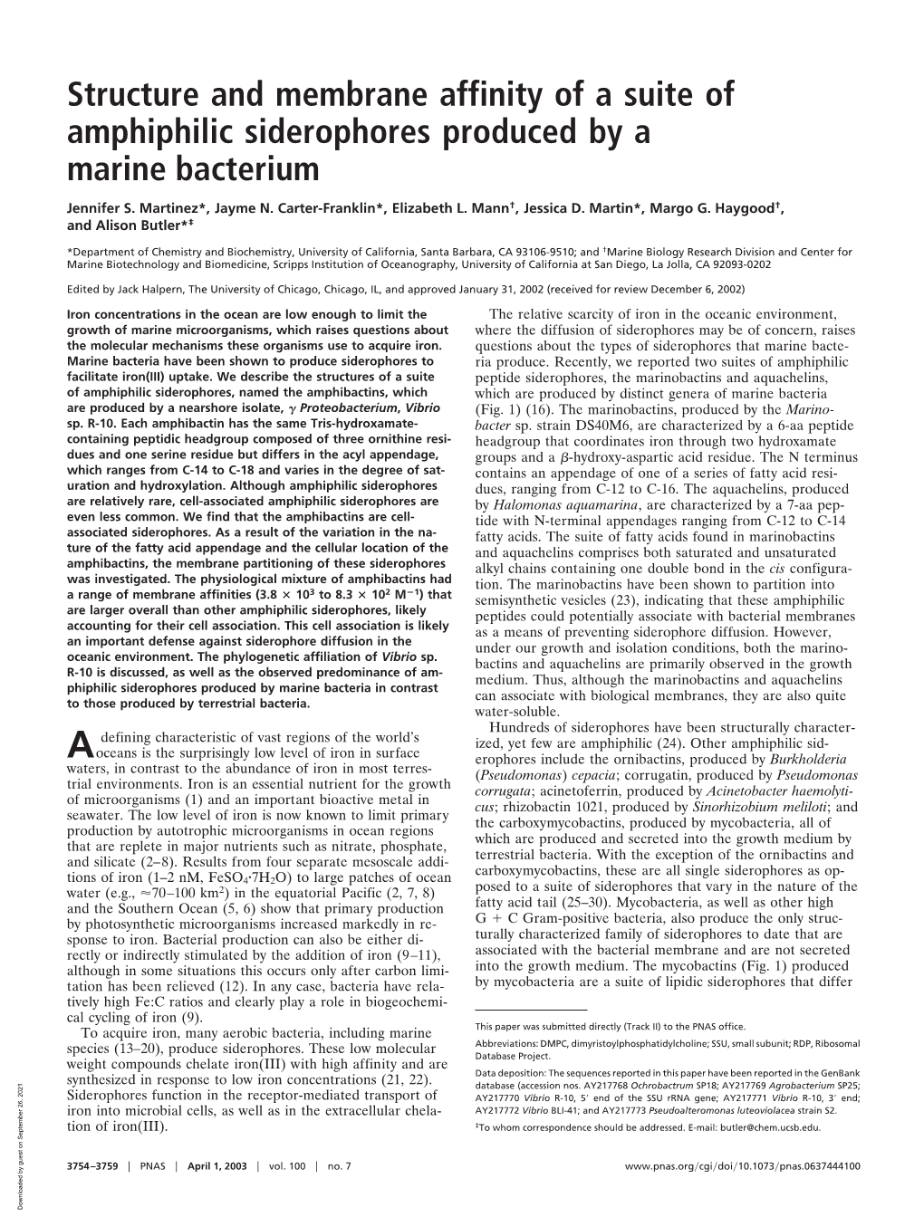 Structure and Membrane Affinity of a Suite of Amphiphilic Siderophores Produced by a Marine Bacterium