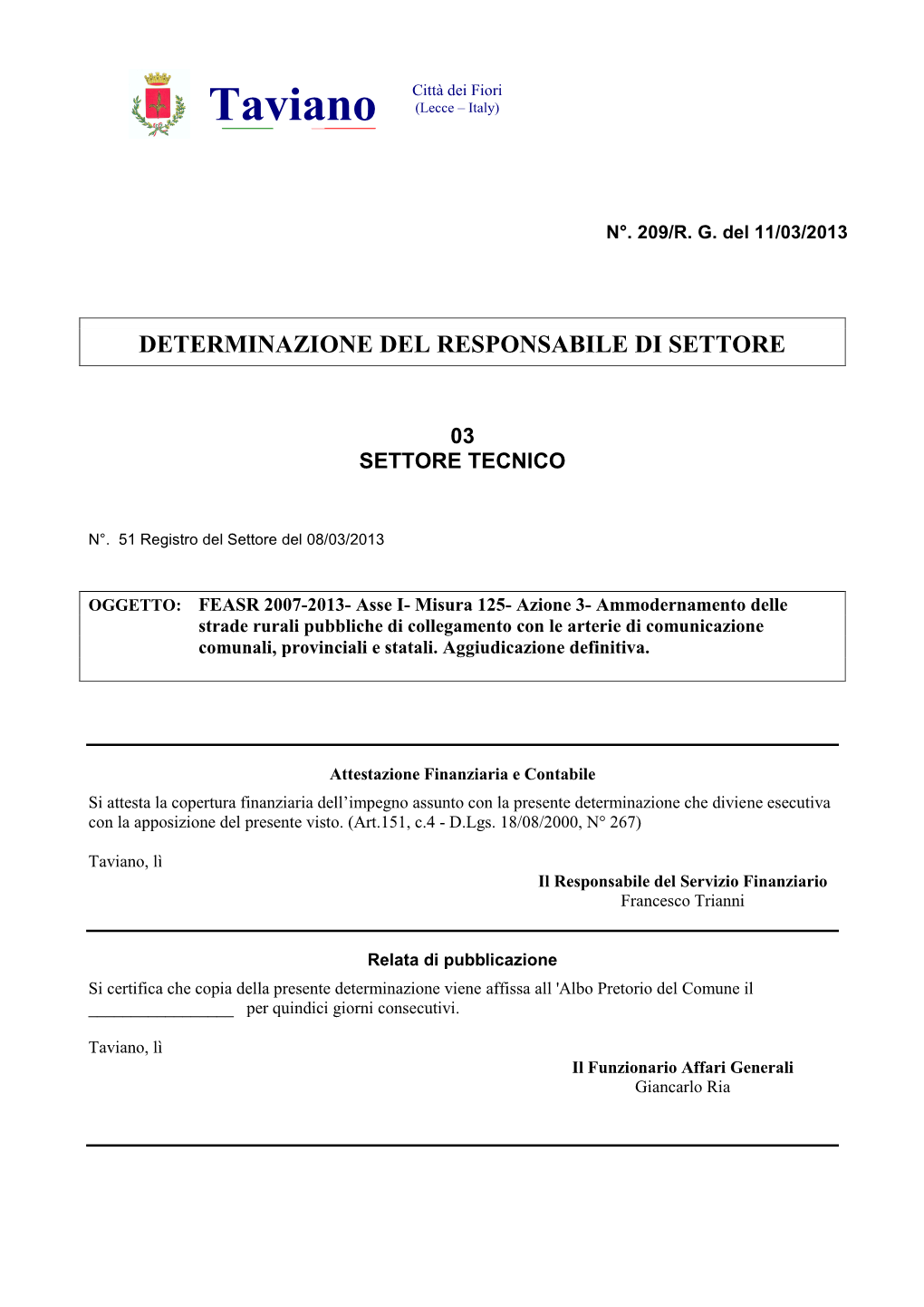 Determinazione Del Responsabile Di Settore