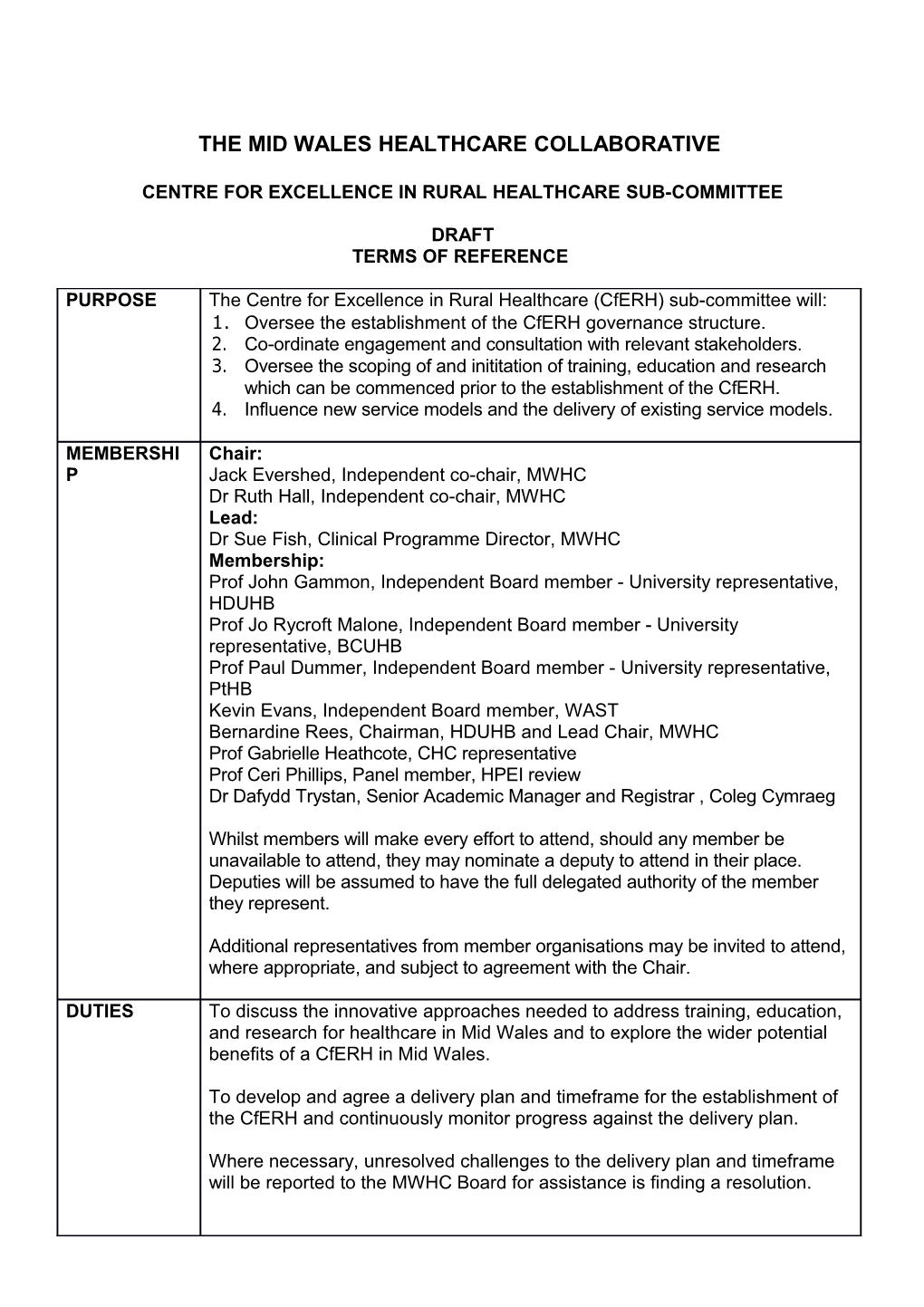 Centre for Excellence in Rural Healthcare Sub-Committee