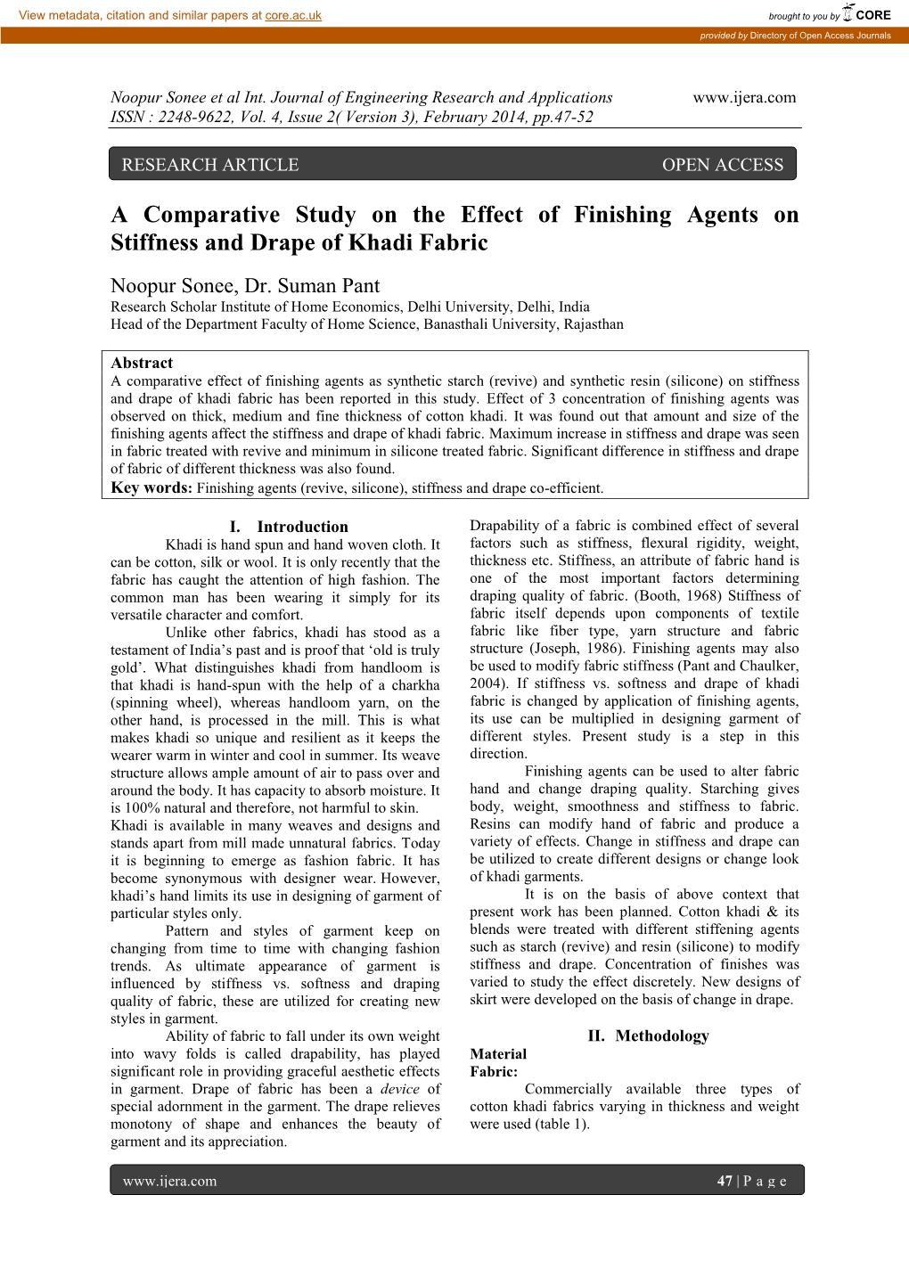 A Comparative Study on the Effect of Finishing Agents on Stiffness and Drape of Khadi Fabric