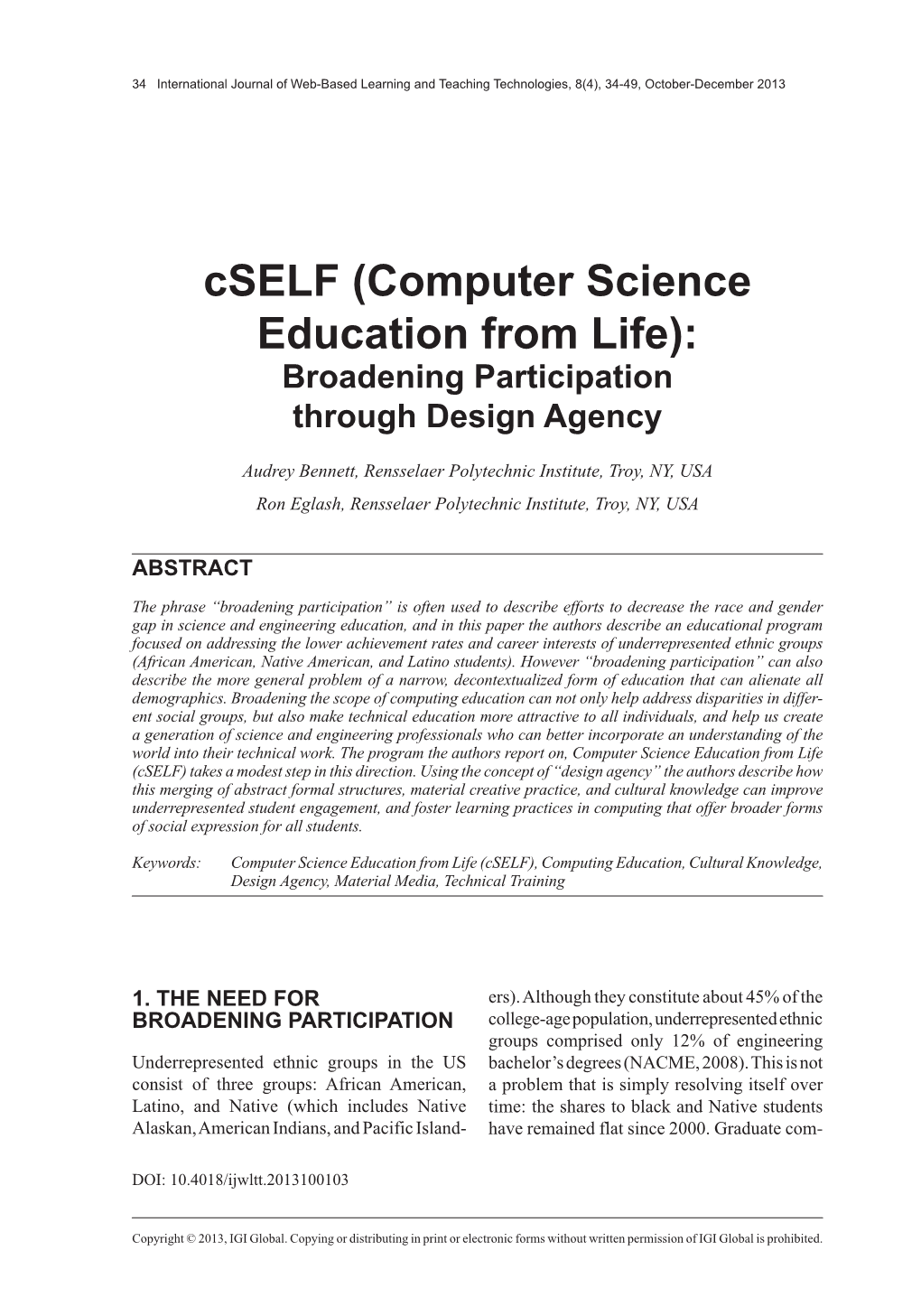 Cself (Computer Science Education from Life): Broadening Participation Through Design Agency