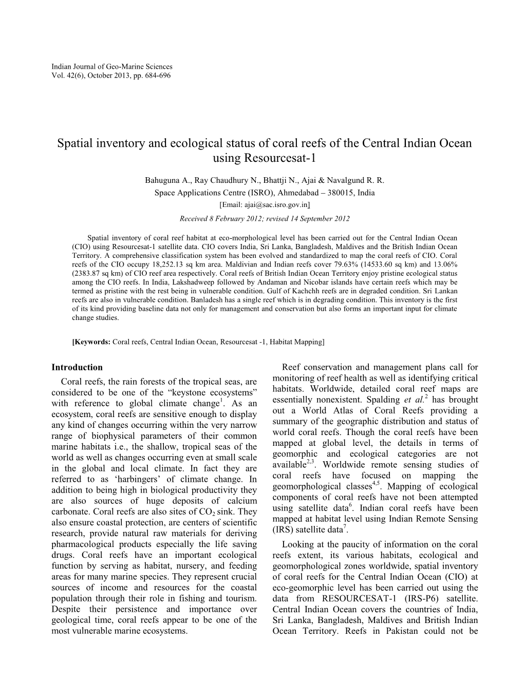 Spatial Inventory and Ecological Status of Coral Reefs of the Central Indian Ocean Using Resourcesat-1