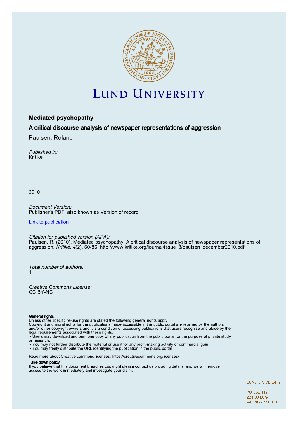 Mediated Psychopathy—A Critical Discourse Analysis of Newspaper Representations of Aggression