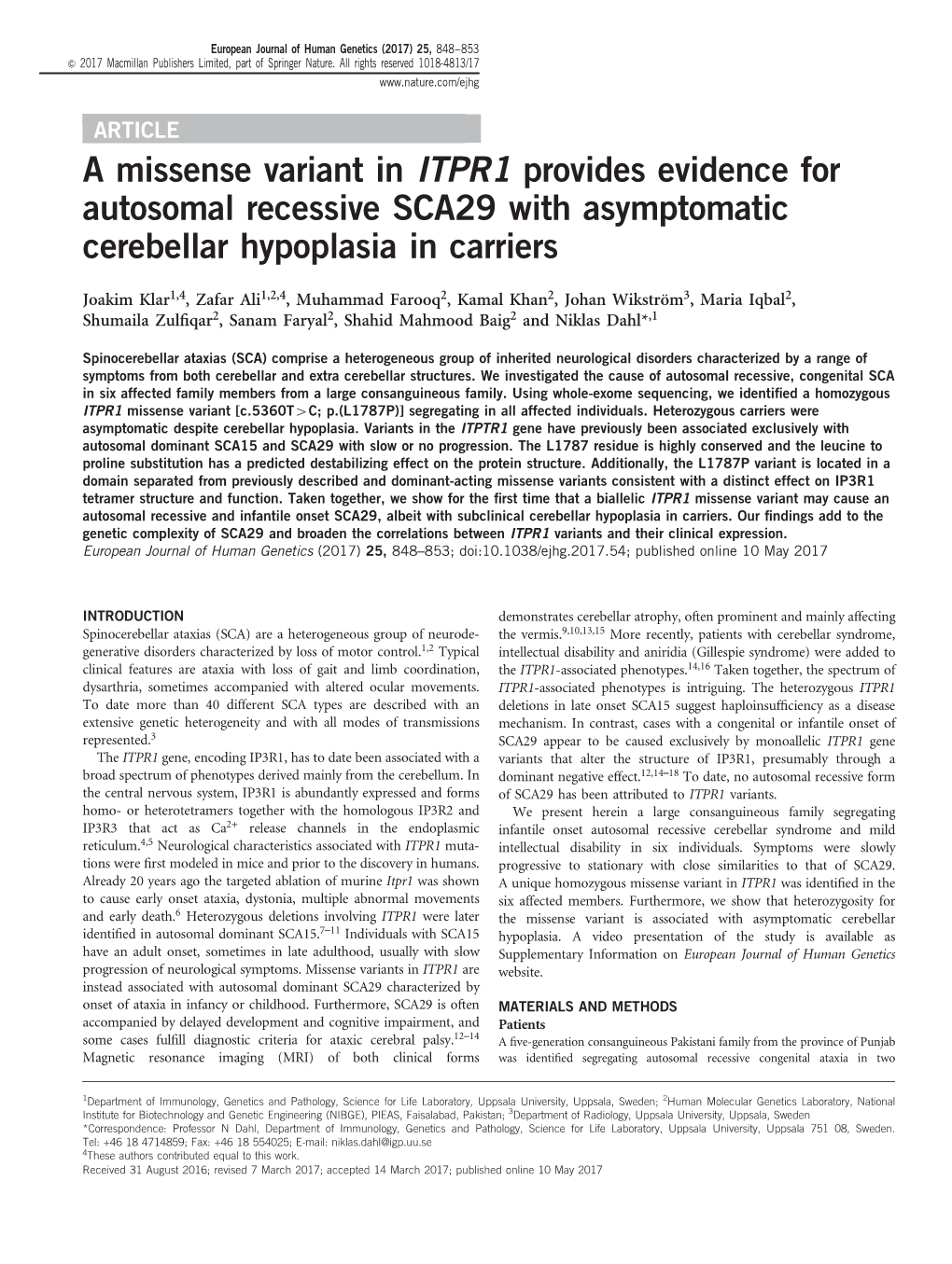 A Missense Variant in ITPR1 Provides Evidence for Autosomal Recessive SCA29 with Asymptomatic Cerebellar Hypoplasia in Carriers