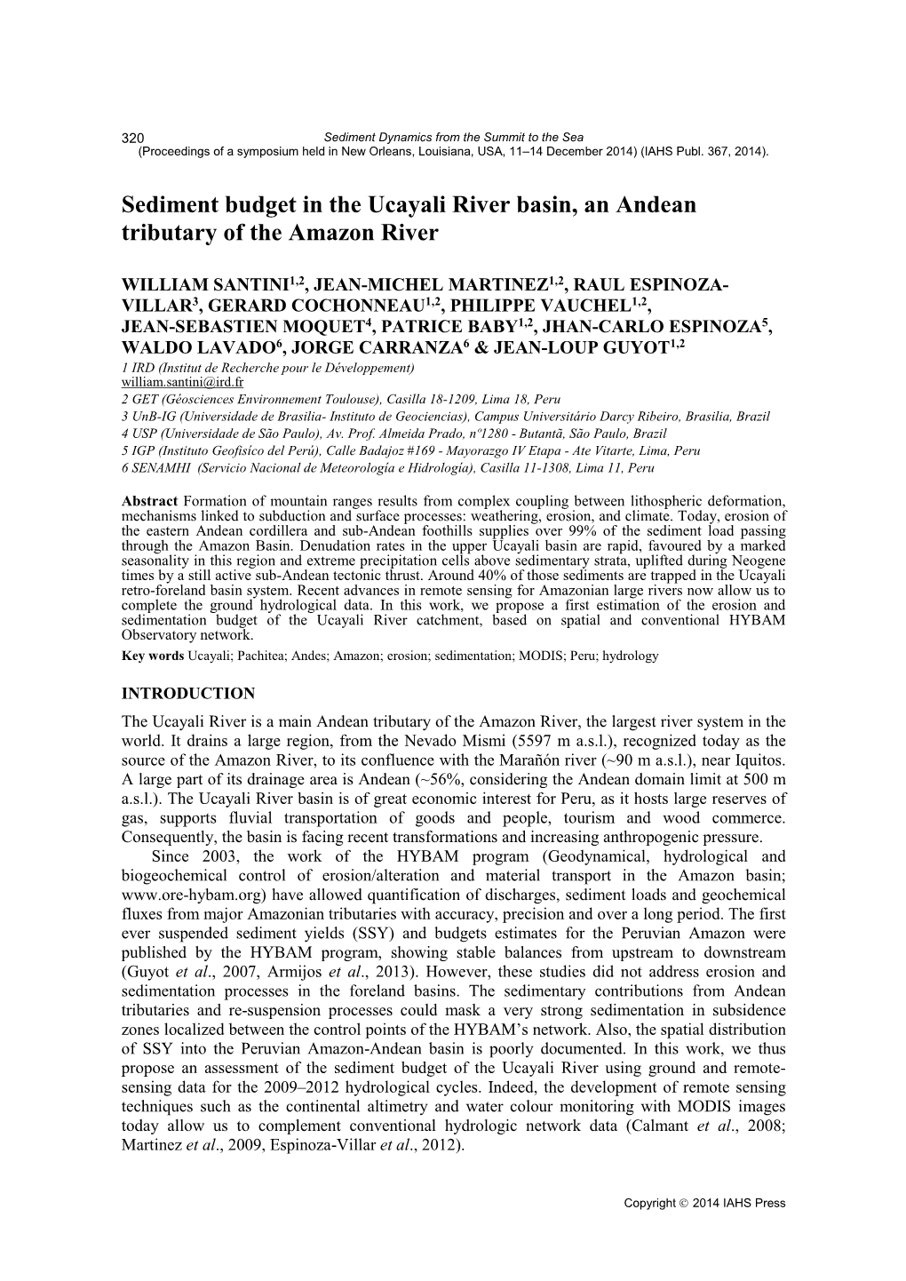 Sediment Budget in the Ucayali River Basin, an Andean Tributary of the Amazon River