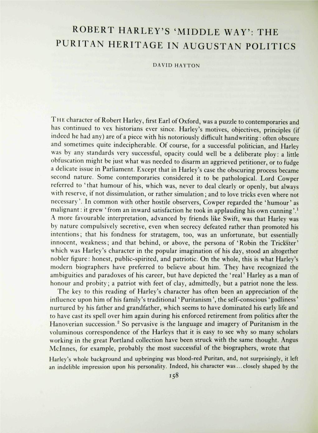 Robert Harley's 'Middle Way': the Puritan Heritage in Augustan Politics