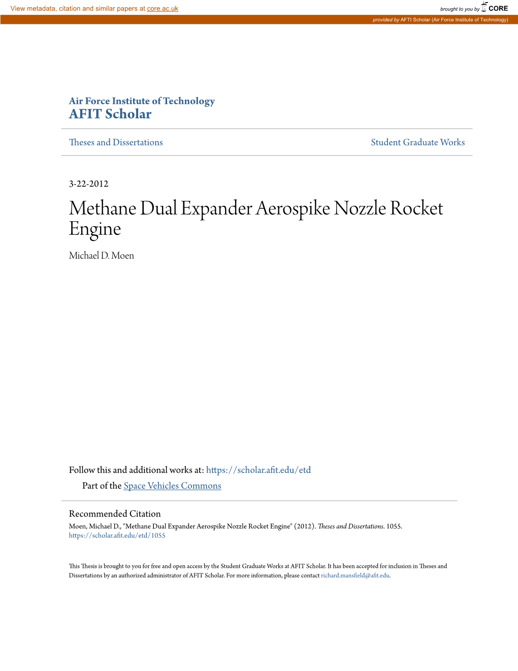 Methane Dual Expander Aerospike Nozzle Rocket Engine Michael D