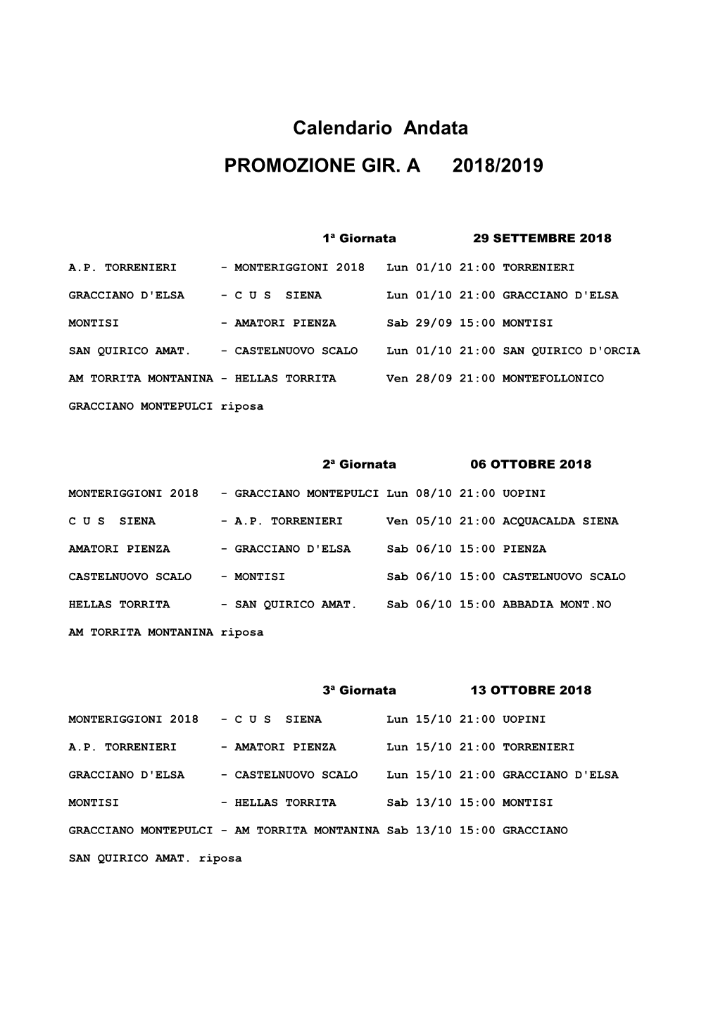 Calendario Andata PROMOZIONE GIR. a 2018/2019