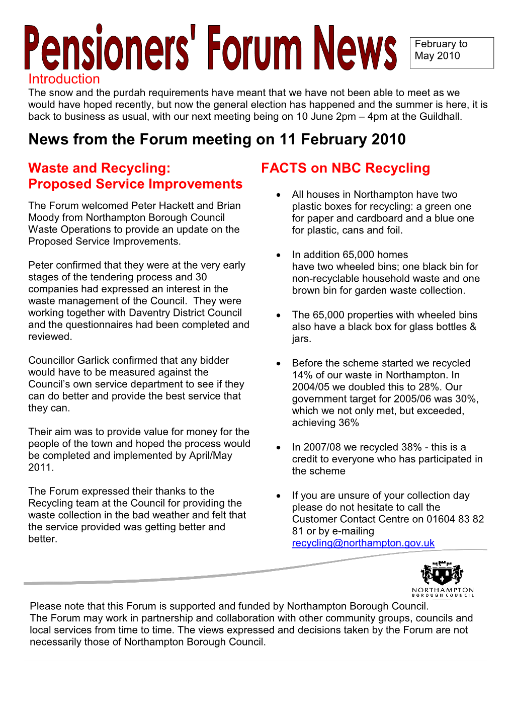 News from the Forum Meeting on 11 February 2010