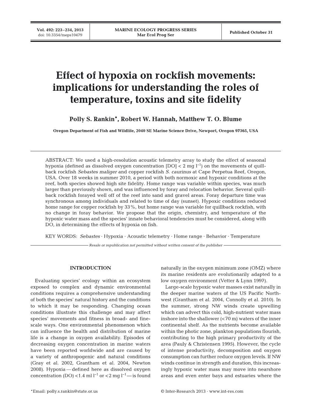 Effect of Hypoxia on Rockfish Movements: Implications for Understanding the Roles of Temperature, Toxins and Site Fidelity