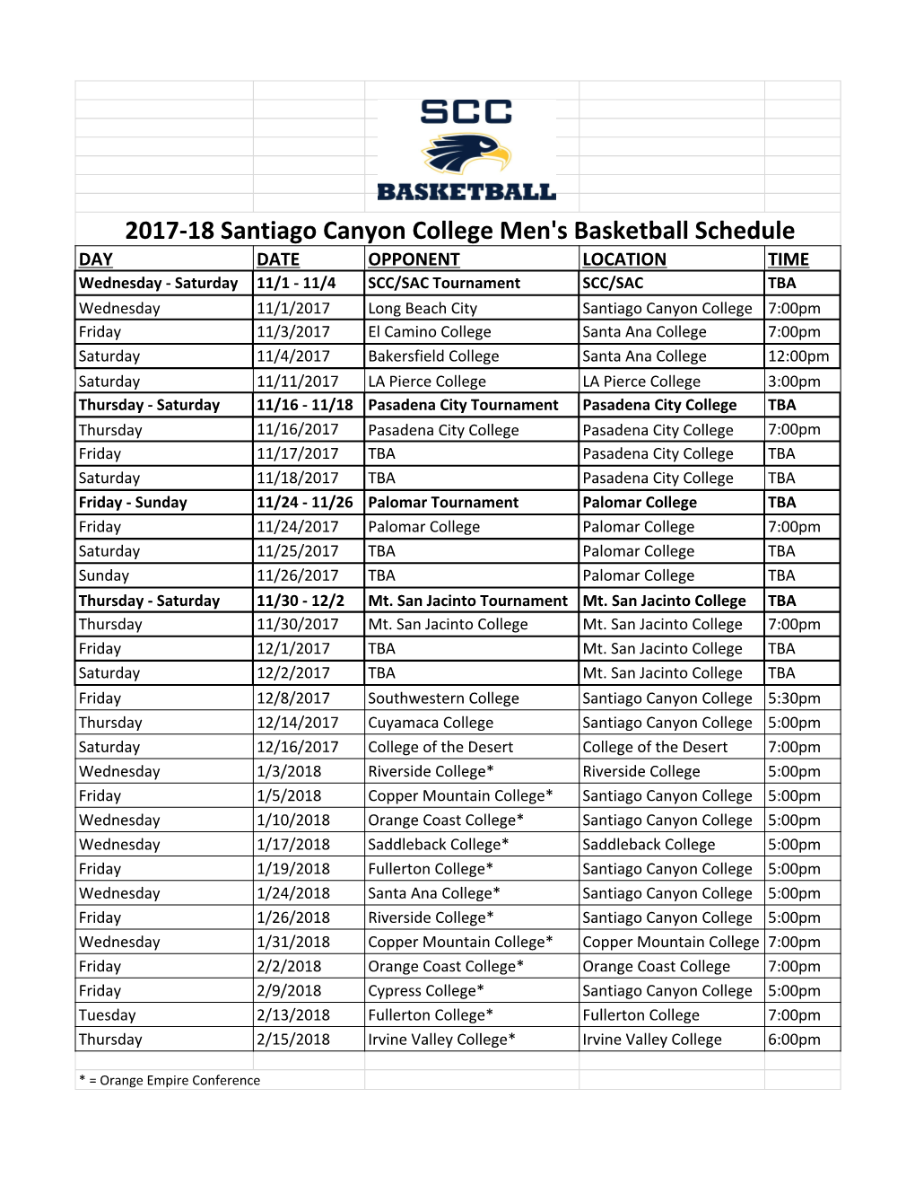 2017-18 Santiago Canyon College Men's Basketball Schedule