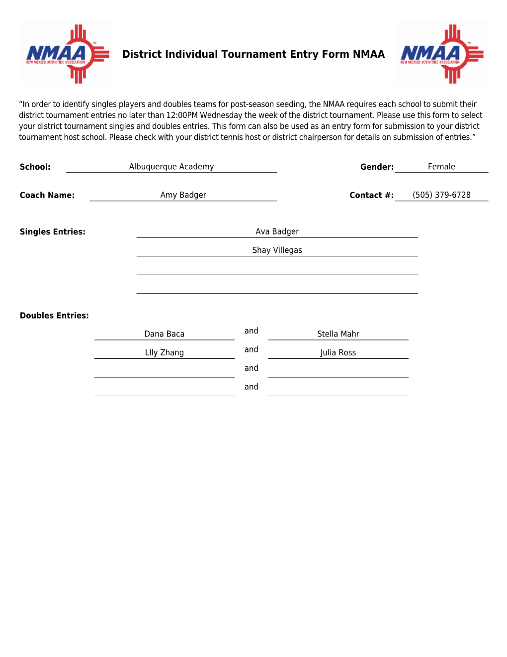 District Individual Tournament Entry Form NMAA