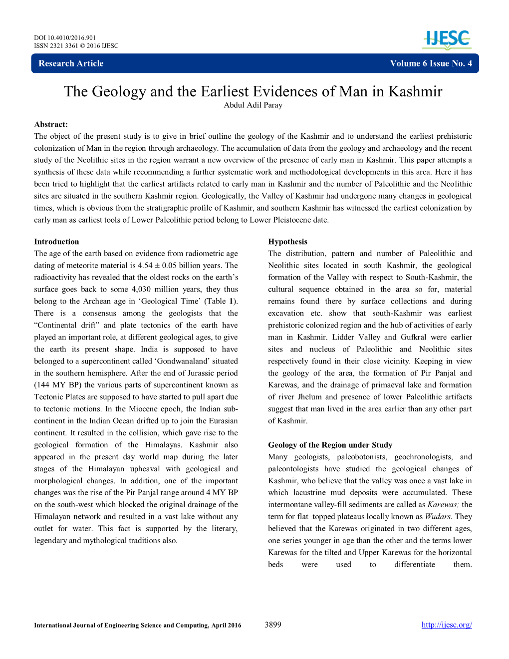 The Geology and the Earliest Evidences of Man in Kashmir Abdul Adil Paray