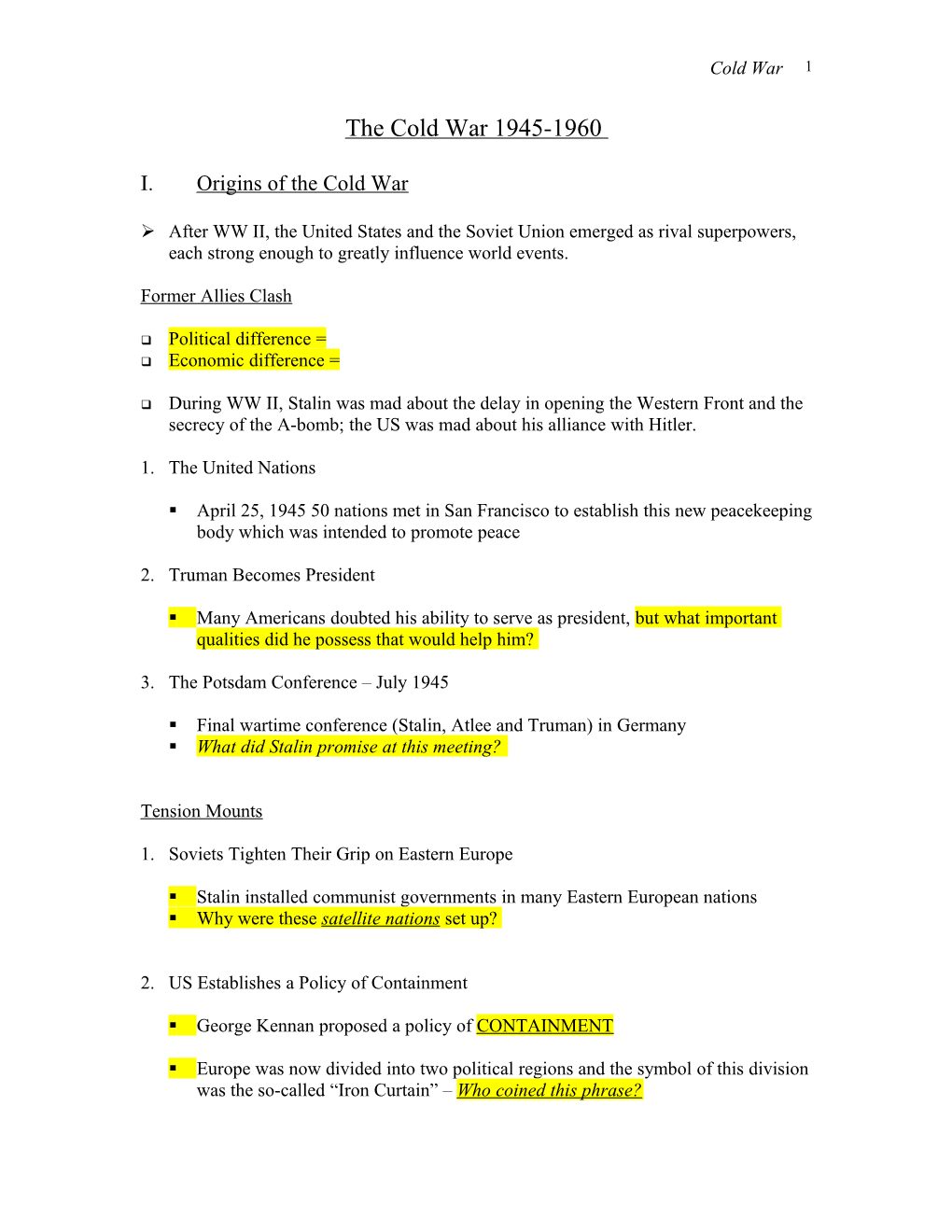 Unit 8 Cold War Conflicts (Ch s1