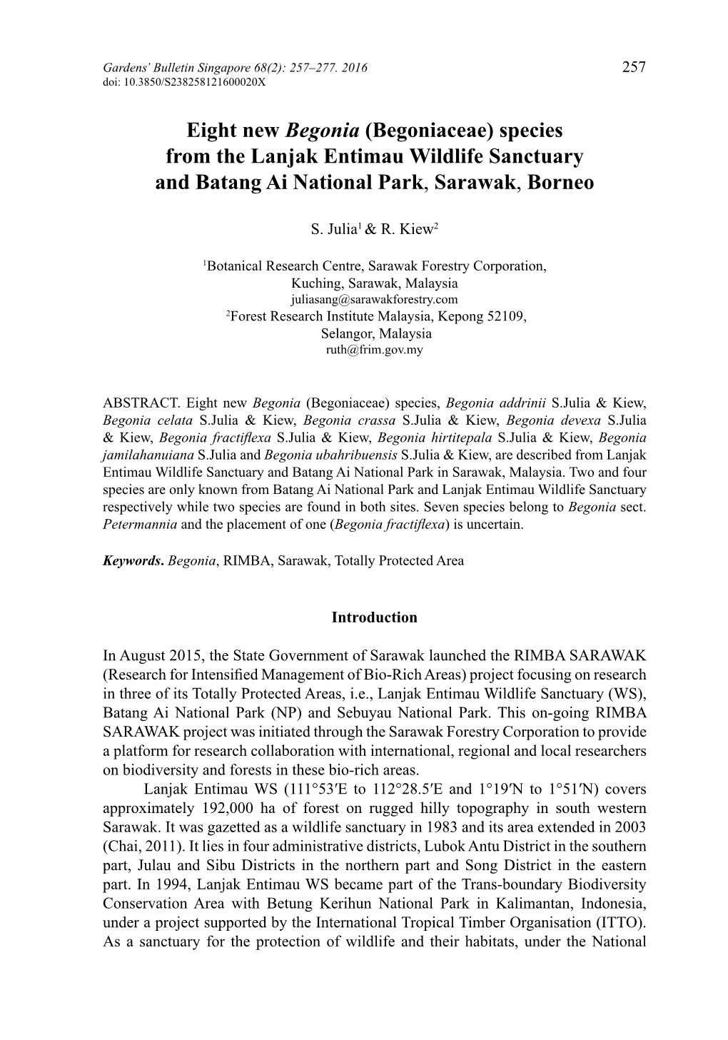 Eight New Begonia (Begoniaceae) Species from the Lanjak Entimau Wildlife Sanctuary and Batang Ai National Park, Sarawak, Borneo