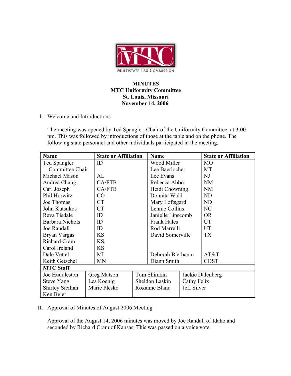 MTC Uniformity Committee Meeting November 14, 2006