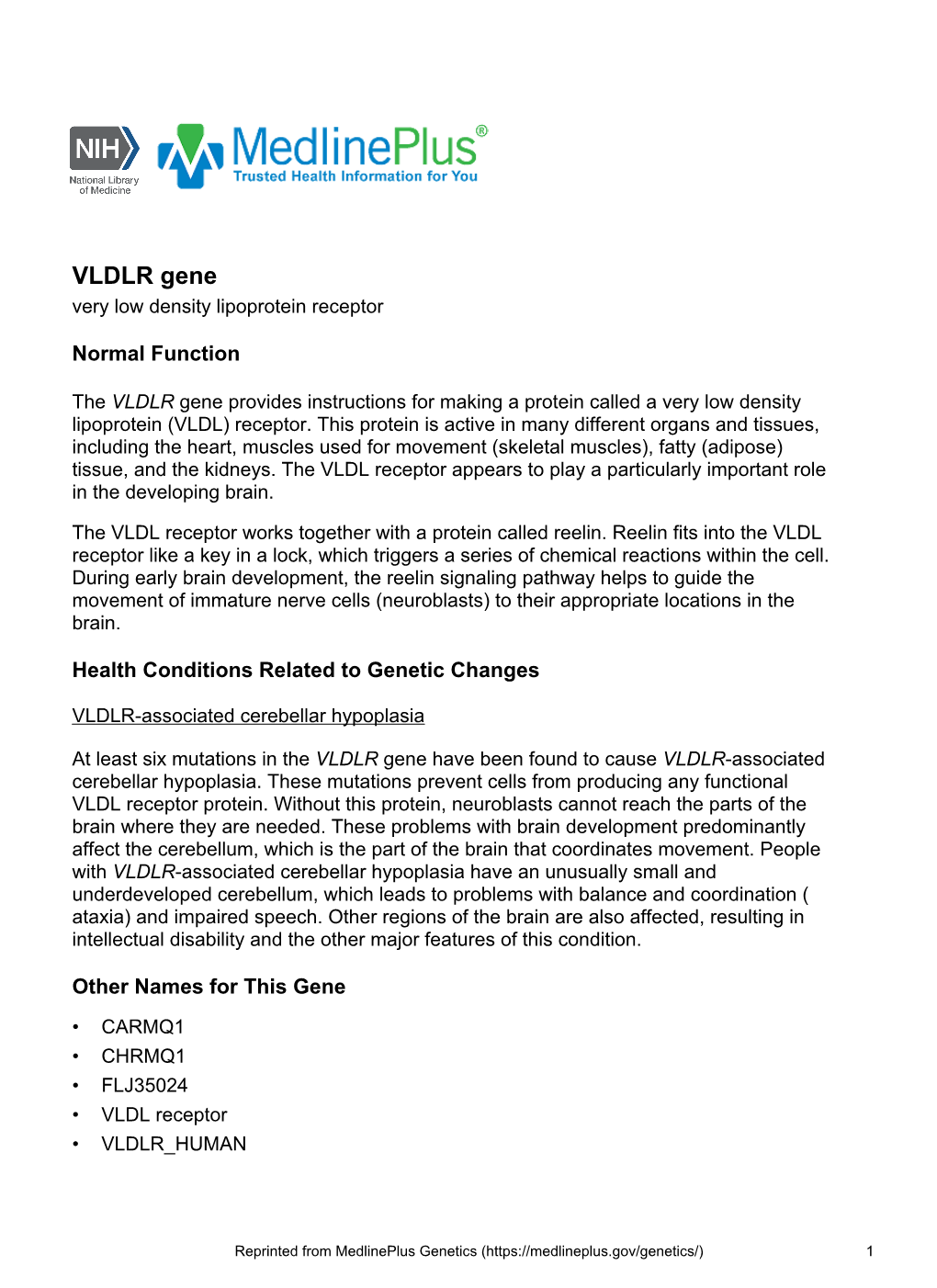 VLDLR Gene Very Low Density Lipoprotein Receptor