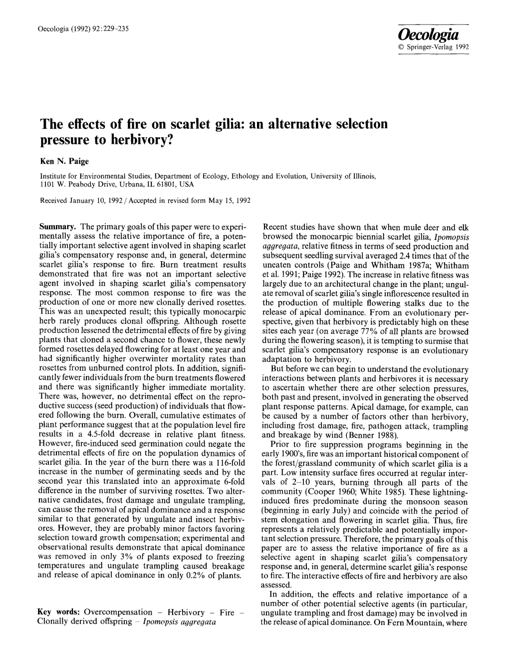 The Effects of Fire on Scarlet Gilia: an Alternative Selection Pressure to Herbivory?