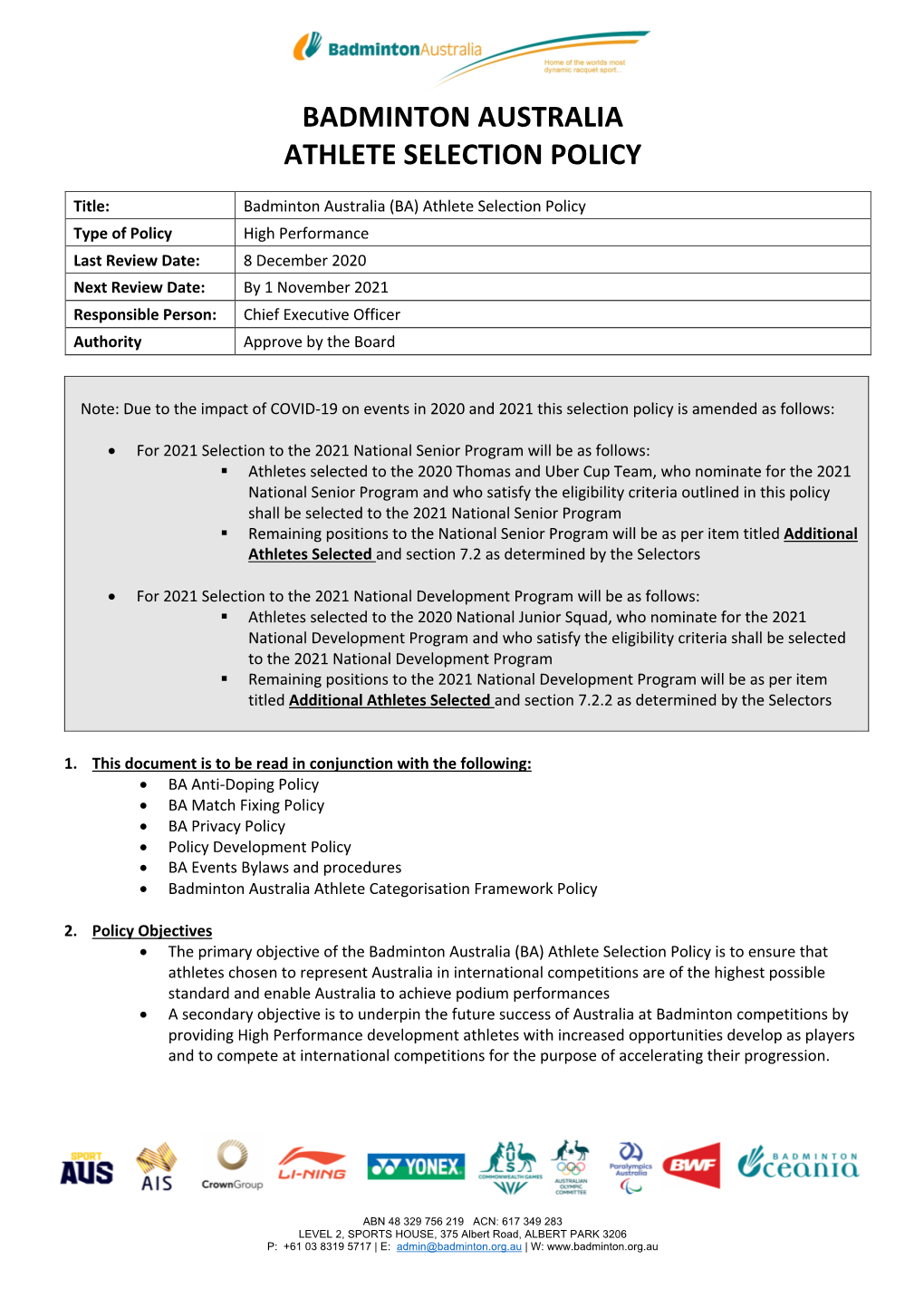 Badminton Australia Athlete Selection Policy