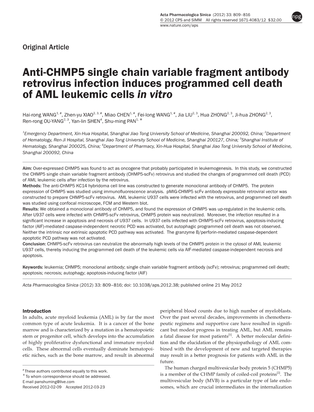 Anti-CHMP5 Single Chain Variable Fragment Antibody Retrovirus Infection Induces Programmed Cell Death of AML Leukemic Cells in Vitro