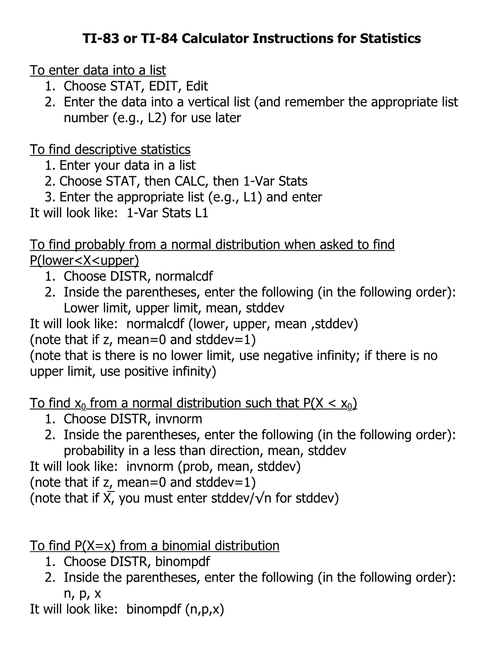 TI-83 Or TI-84 Calculator Instructions for Statistics to Enter Data Into a List