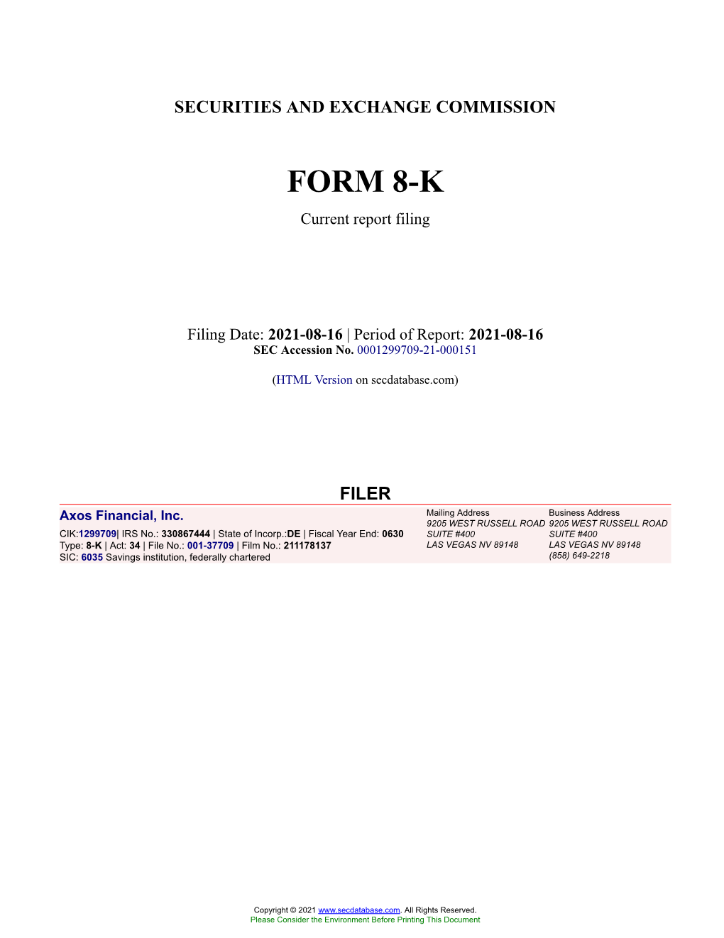 Axos Financial, Inc. Form 8-K Current Event Report Filed 2021-08-16