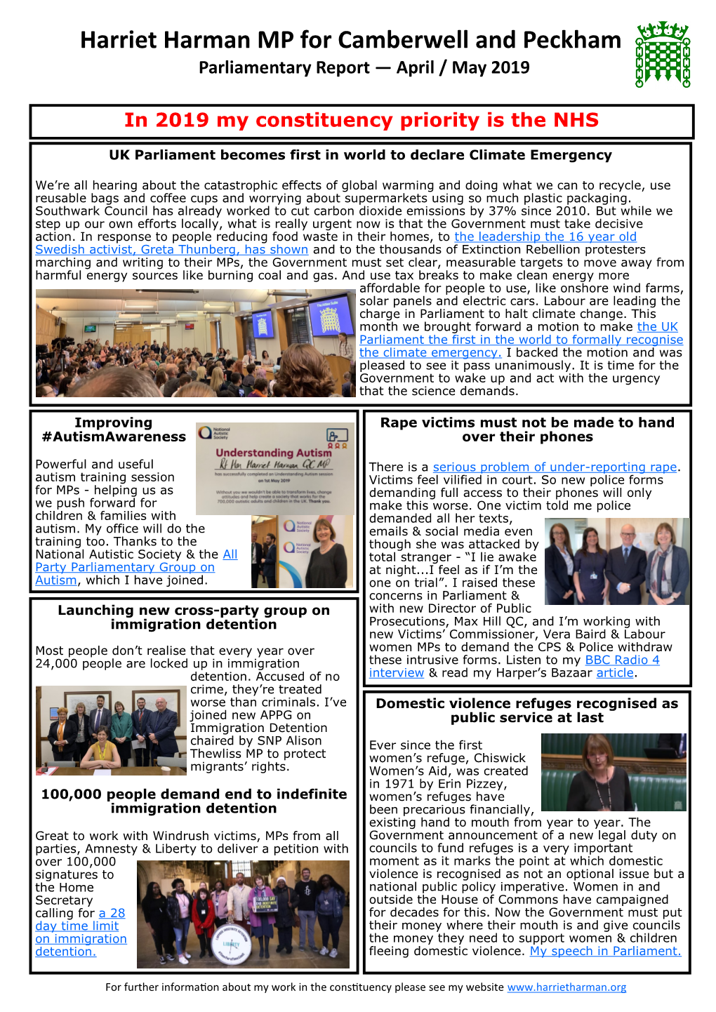 Harriet Harman MP for Camberwell and Peckham Parliamentary Report — April / May 2019