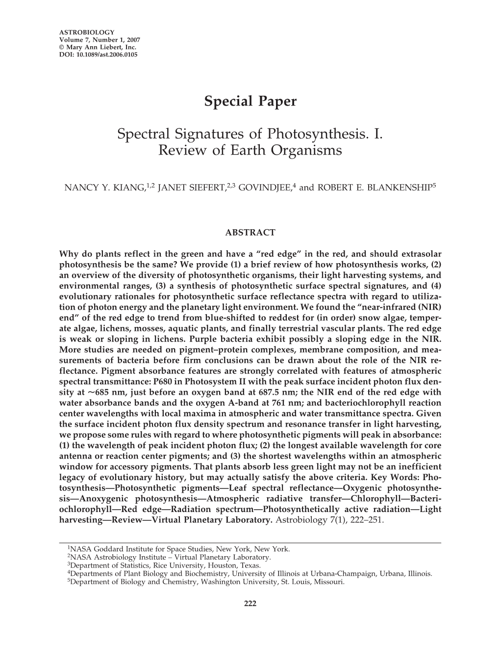 Special Paper Spectral Signatures of Photosynthesis. I. Review Of