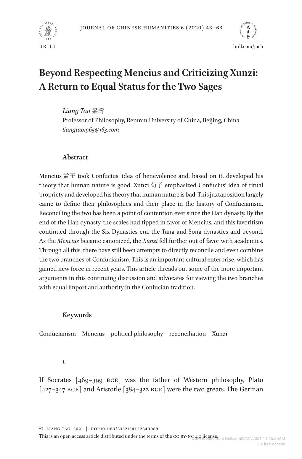 Beyond Respecting Mencius and Criticizing Xunzi: a Return to Equal Status for the Two Sages