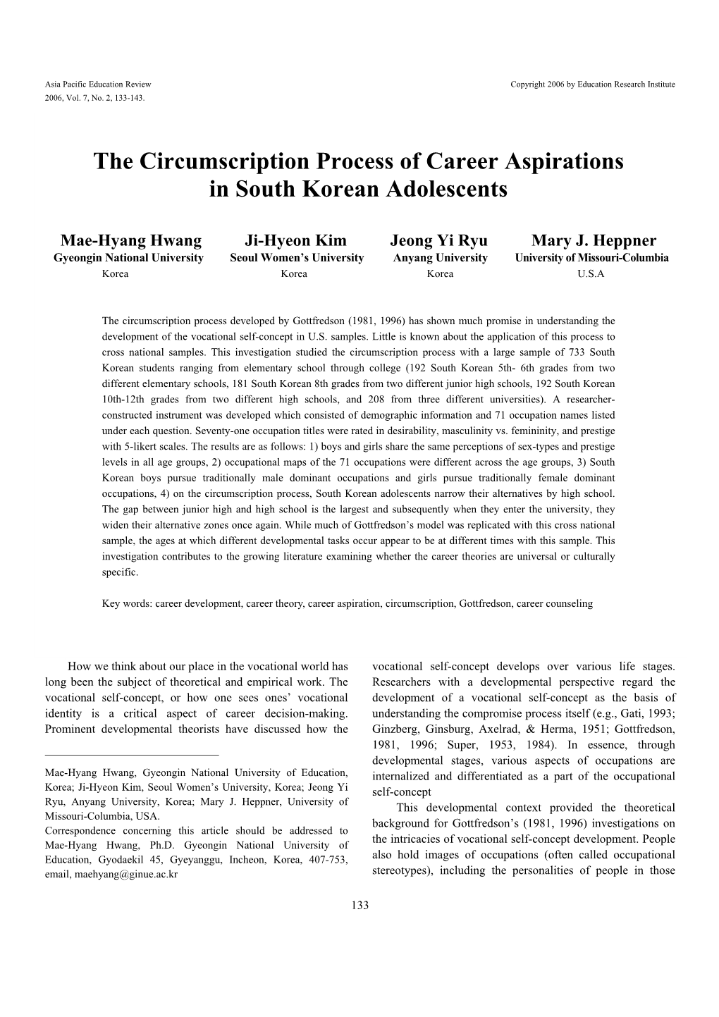 The Circumscription Process of Career Aspirations in South Korean Adolescents