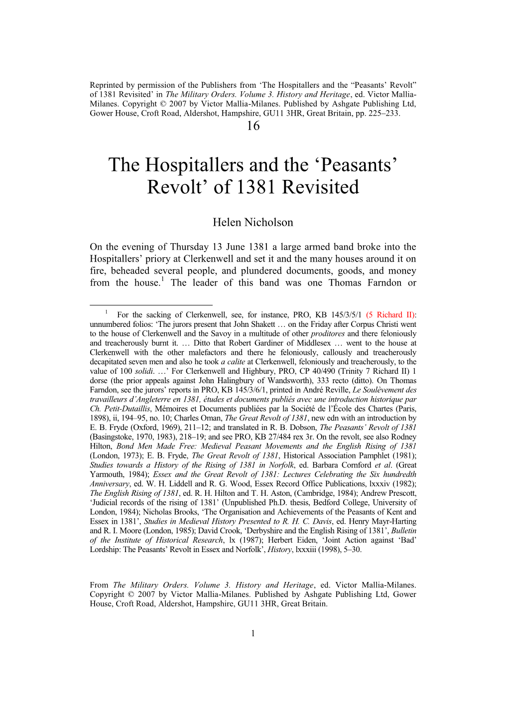 The Hospitallers and the Peasants' Revolt of 1381 Revisited