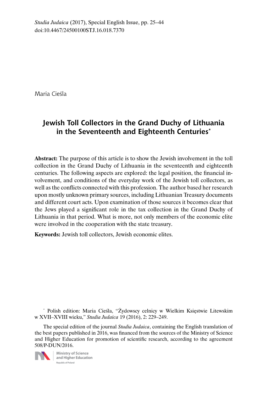 Jewish Toll Collectors in the Grand Duchy of Lithuania in the Seventeenth and Eighteenth Centuries*