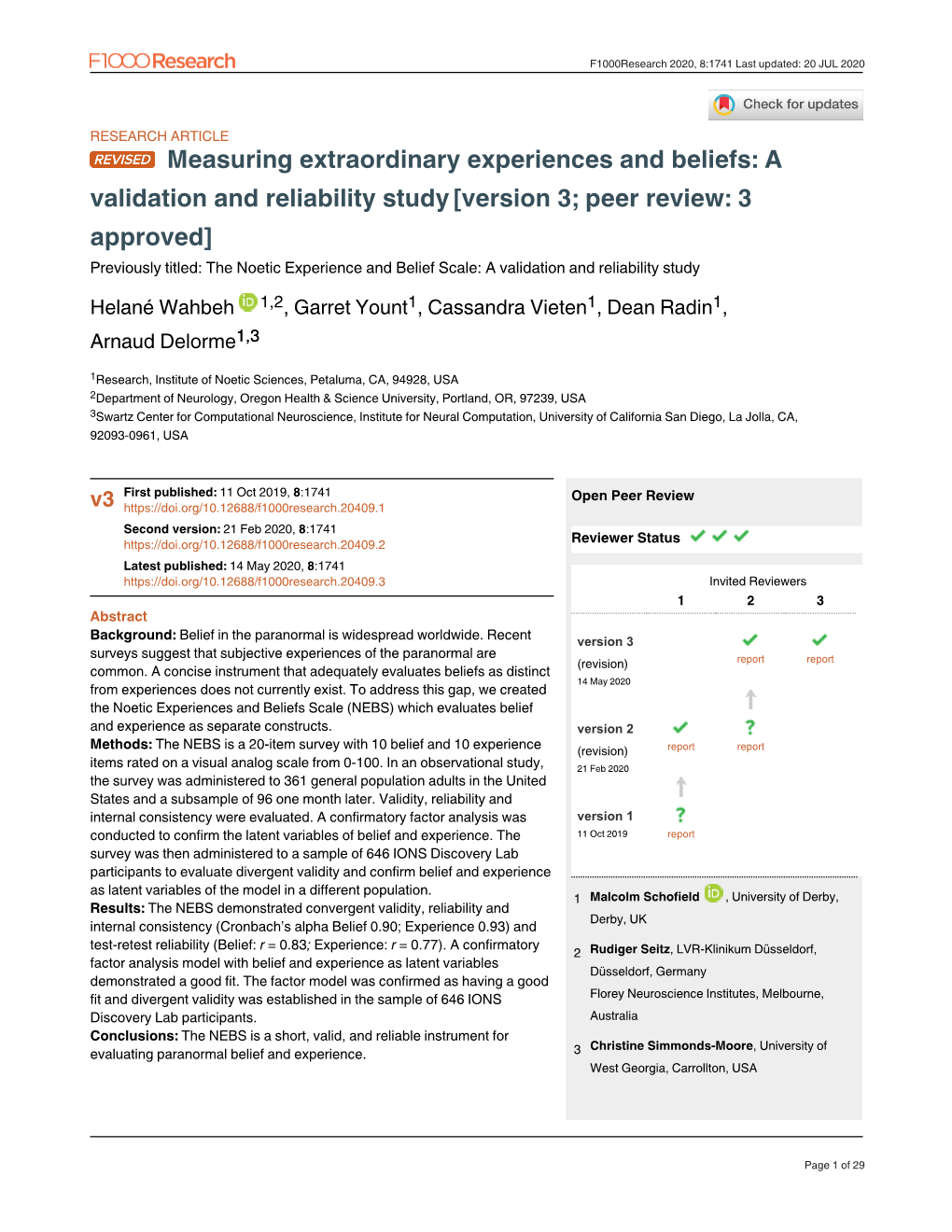 Validation and Reliability Study [Version 3; Peer Review: 3 Approved] Previously Titled: the Noetic Experience and Belief Scale: a Validation and Reliability Study