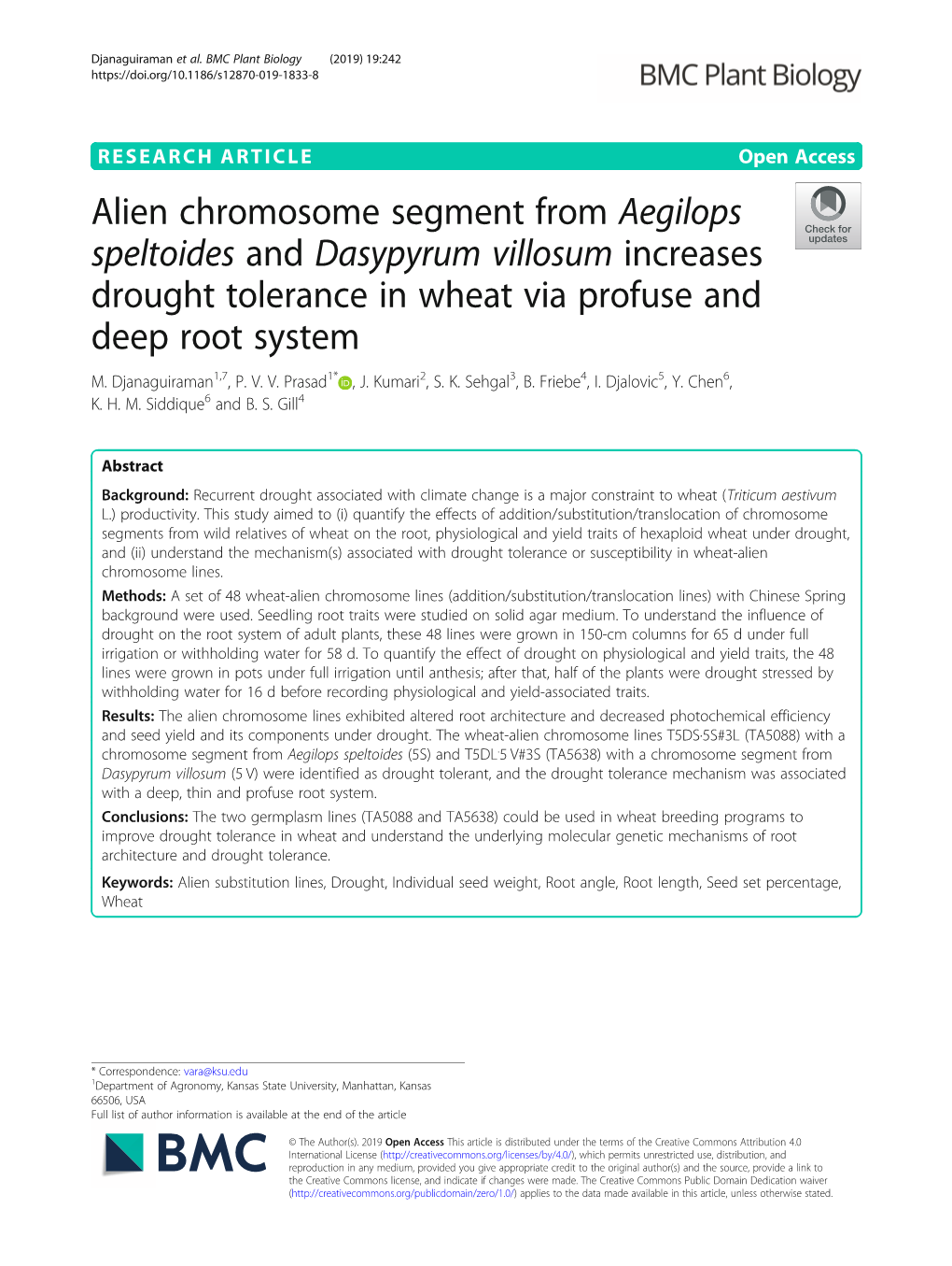 Alien Chromosome Segment from Aegilops Speltoides and Dasypyrum Villosum Increases Drought Tolerance in Wheat Via Profuse and Deep Root System M