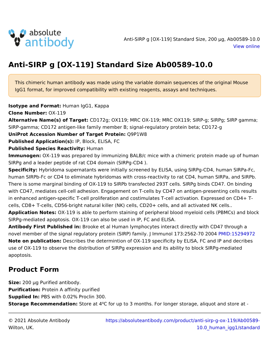 Anti-SIRP G [OX-119] Standard Size Ab00589-10.0