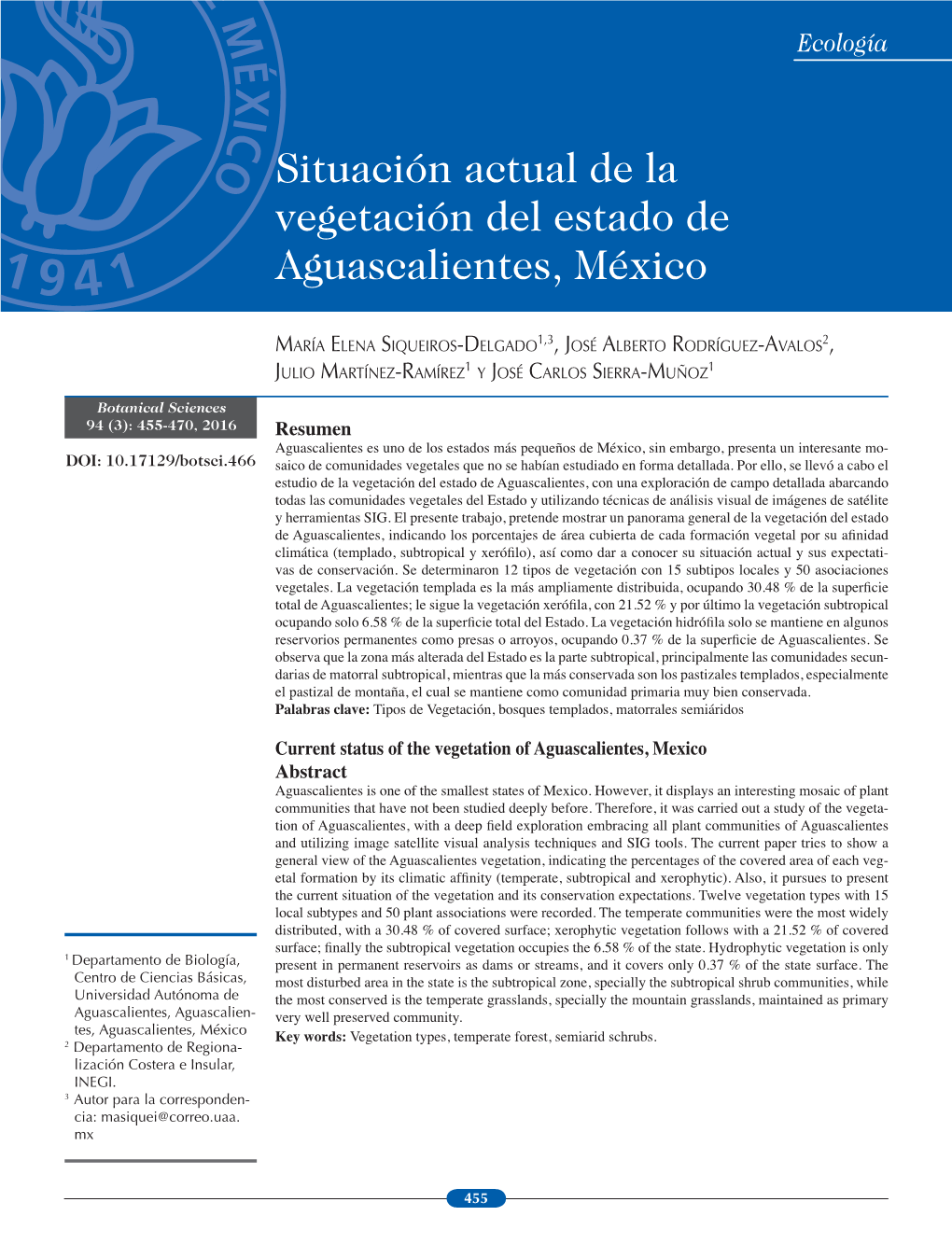 Resumen Current Status of the Vegetation of Aguascalientes