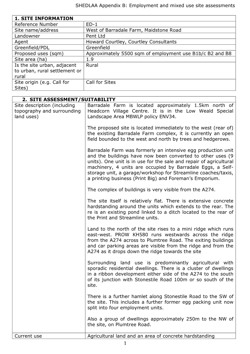 SHEDLAA Appendix B: Employment and Mixed Use Site Assessments 1