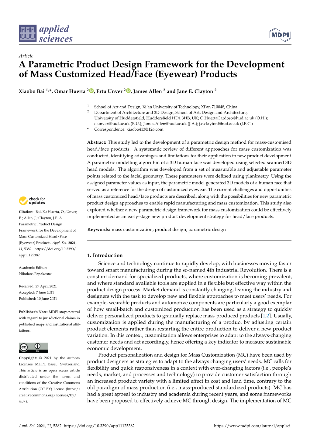 A Parametric Product Design Framework for the Development of Mass Customized Head/Face (Eyewear) Products