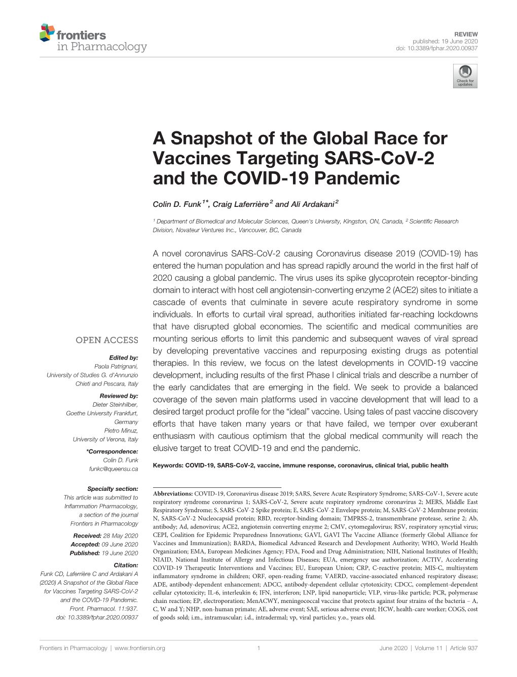 A Snapshot of the Global Race for Vaccines Targeting SARS-Cov-2 and the COVID-19 Pandemic