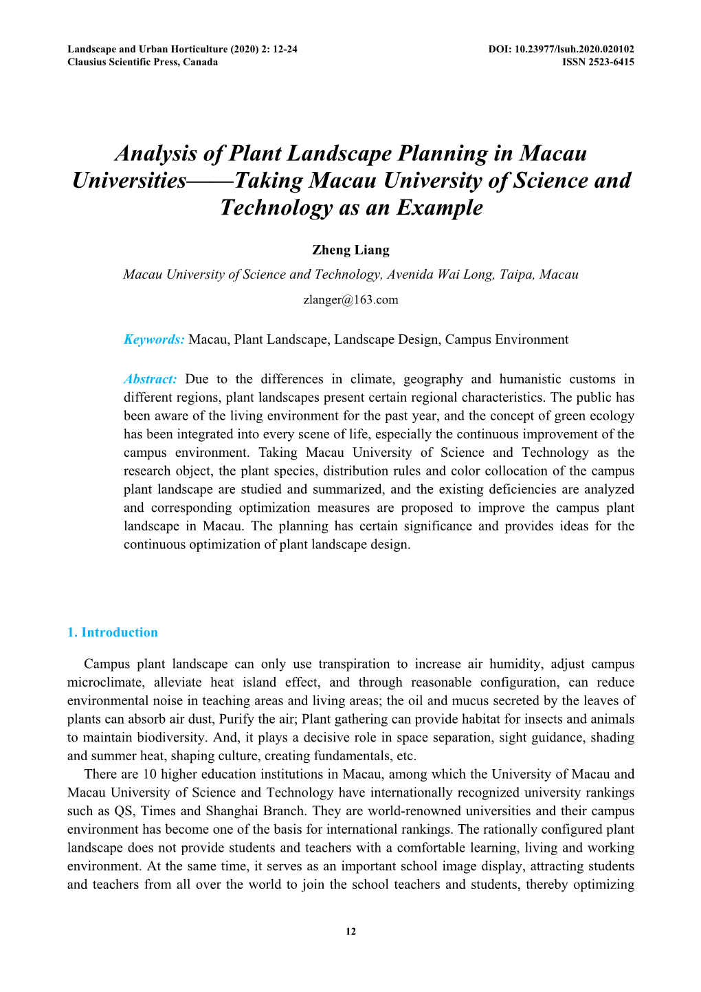 Analysis of Plant Landscape Planning in Macau Universities——Taking Macau University of Science and Technology As an Example