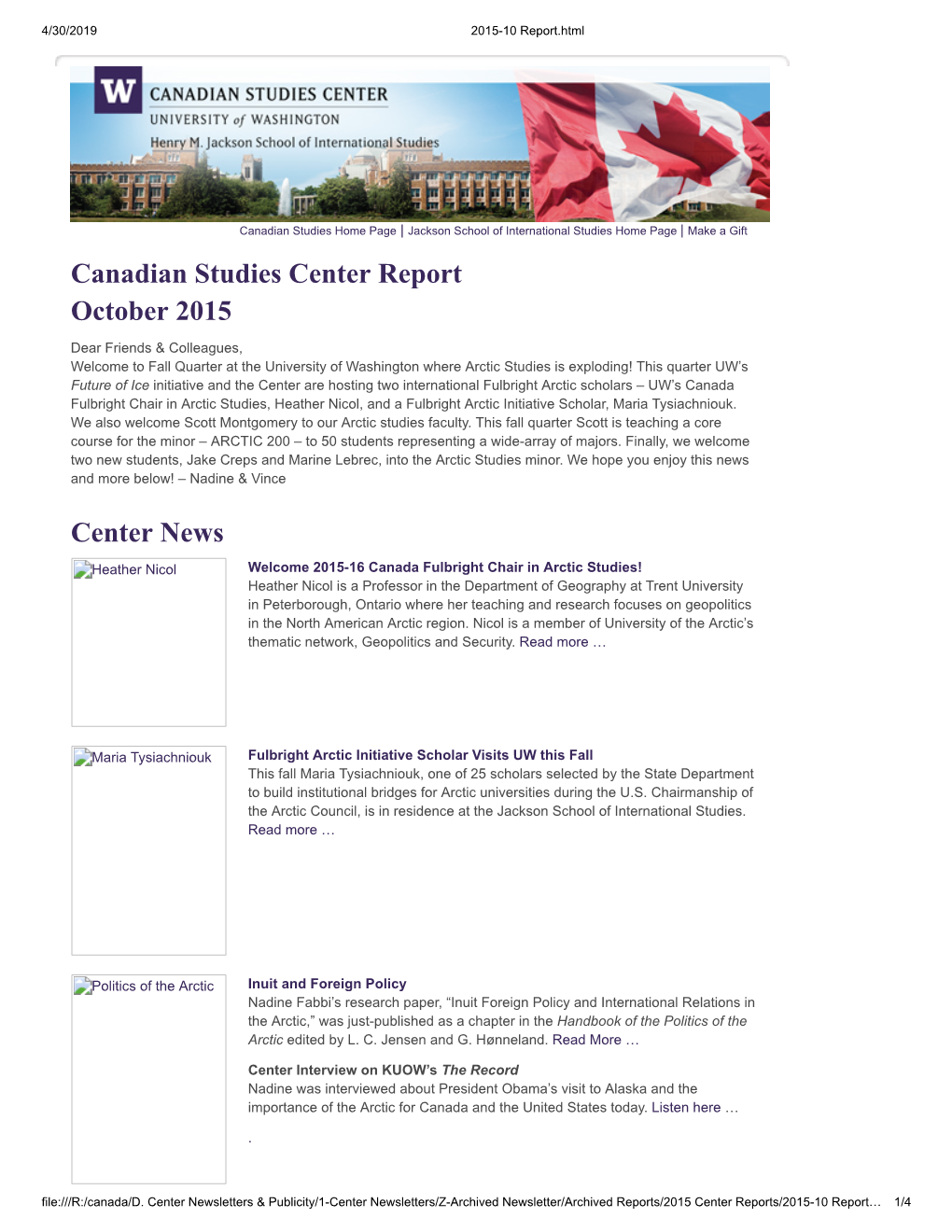 Canadian Studies Center Report October 2015 Center News