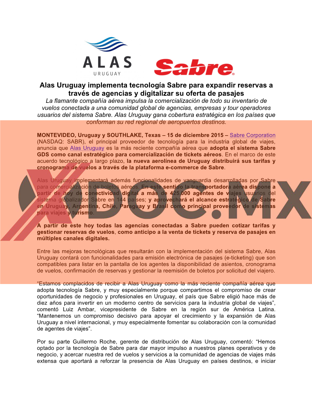 Alas Uruguay Implementa Tecnología Sabre Para Expandir Reservas A