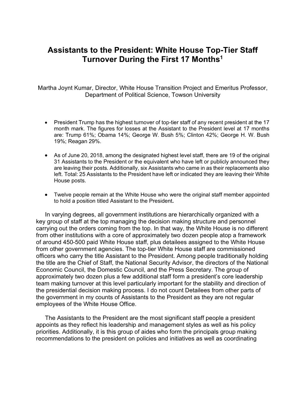 Assistants to the President: White House Top-Tier Staff Turnover During the First 17 Months1