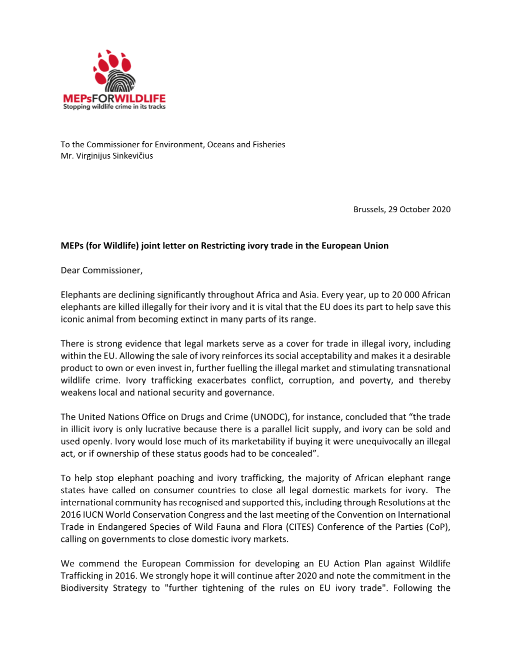 Meps (For Wildlife) Joint Letter on Restricting Ivory Trade in the European Union