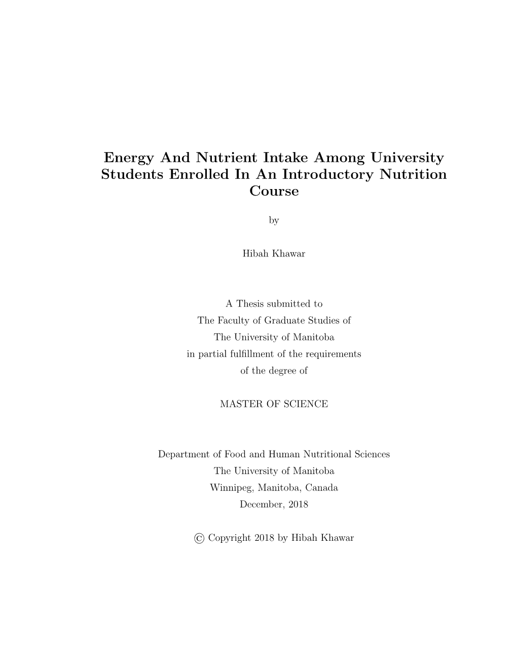 Energy and Nutrient Intake Among University Students Enrolled in an Introductory Nutrition Course