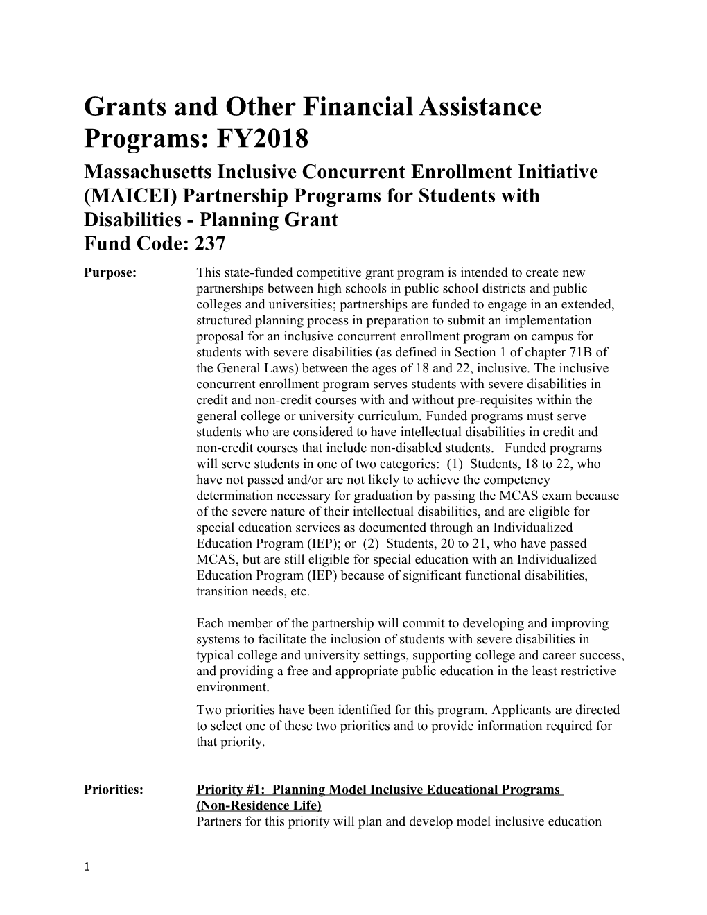 Grants and Other Financial Assistance Programs: FY2018