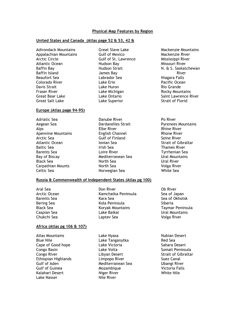 Physical Map Features by Region United States and Canada (Atlas